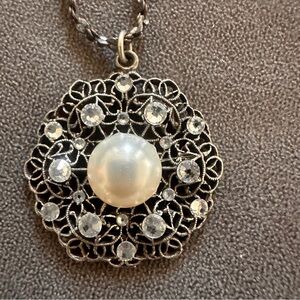 Anne Koplik Pearl Crystal Filigree Pendant Necklace Vintage Inspired Bridal